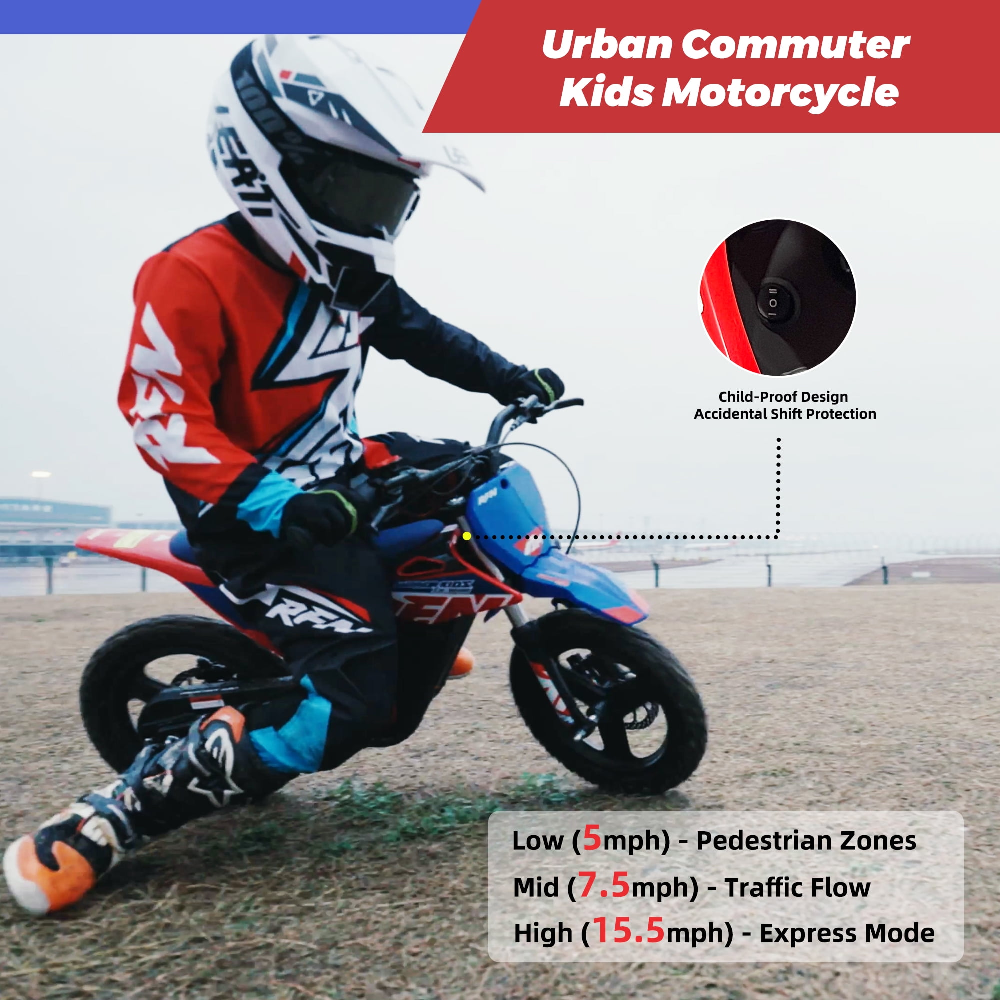 RFN Warrior Kids250 36V Electric Dirt Bike for Kids, 400W Peak Brushless Off-Road Bike, 3-Speed Modes, 15.5 MPH Max Speed, 11.2-Mile Range, 12" Tires