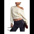 thumbnail image 3 of Suéter de Larga con Hombros Descubiertos para Mujer, Moderno Jersey Corto de Punto Acanalado Suave con Cuello . Albaricoque M, 3 of 10