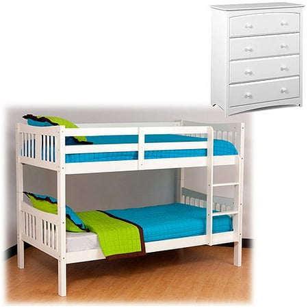 Bedroom-in-a-Box: Storkcraft Caribou Bunk Bed, Mattresses, and Dresser, White