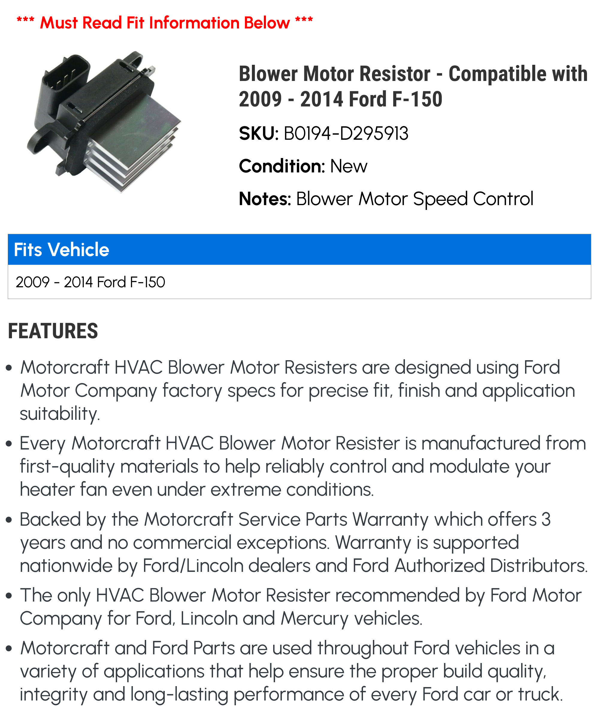 Blower Motor Resistor - Compatible with 2009 - 2014 Ford F-150 2010 2011 2012 2013