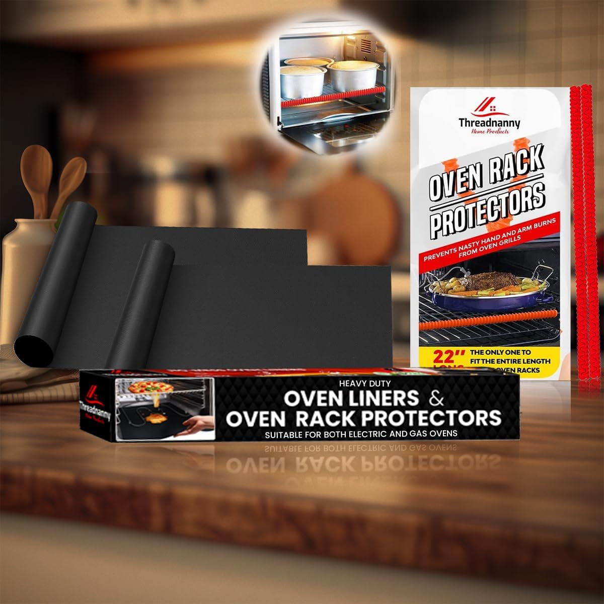 ThreadNanny 2-Pack Large Oven Liner Mats and 2-Silicon Oven Rack Protector Guard for Bottom of Oven