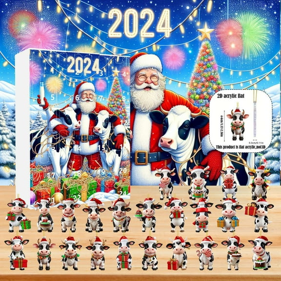2024 Christmas Cow Pendent Advent Calendar,24 Day Christmas Advent Calendar Contains 24 Gifts,Christmas Cow Hold Gift Box Pendent Countdown Calendar Advent Calendar