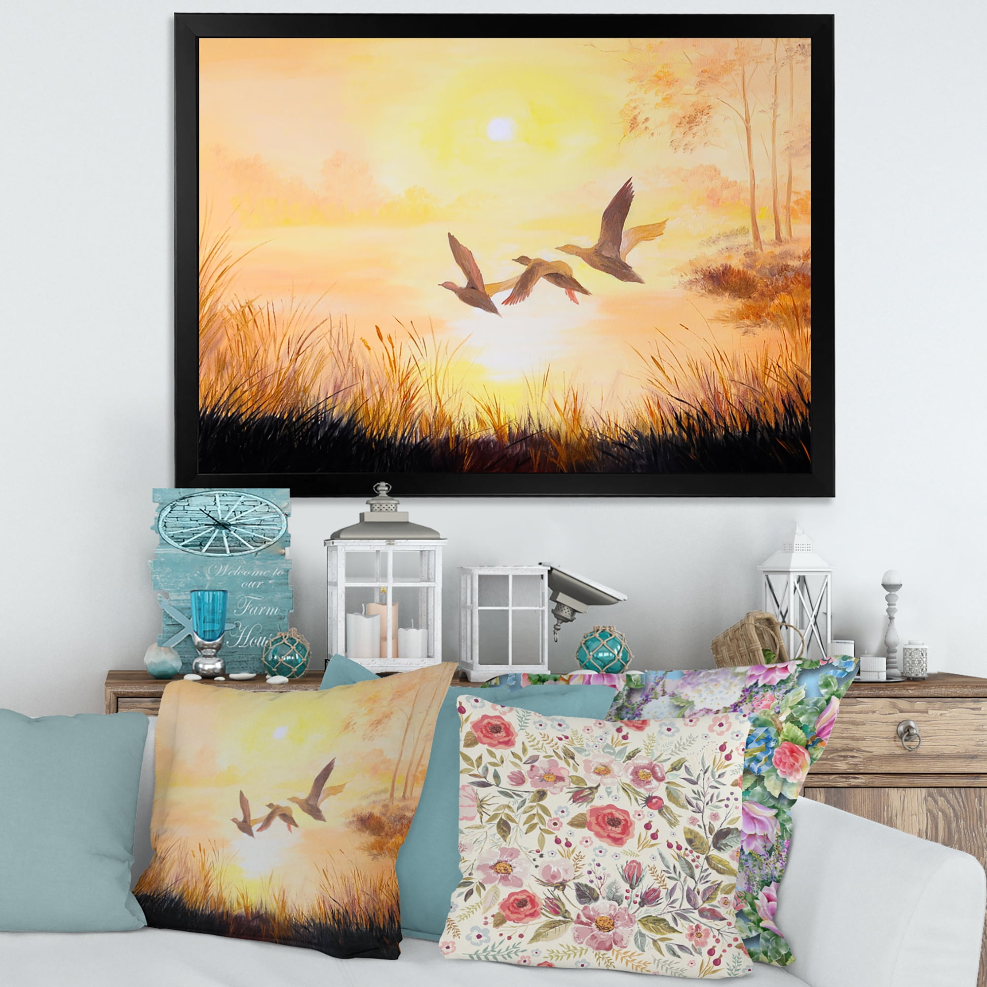 Designart 'Three Cranes Flying Through Warm Sunset' Traditional Framed Art Print