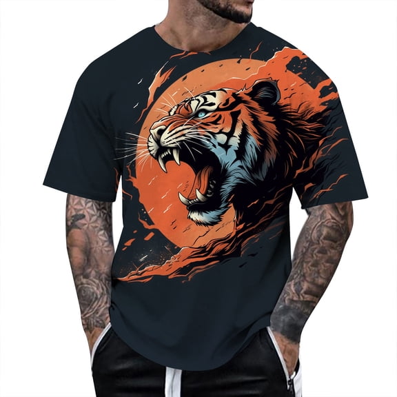 Rggeeun Men'S Tee Fashion Cool Big Tiger Print Loose Fit Short Sleeve Crew Neck Knit Casual For Workout Leisure Tee,Black,L