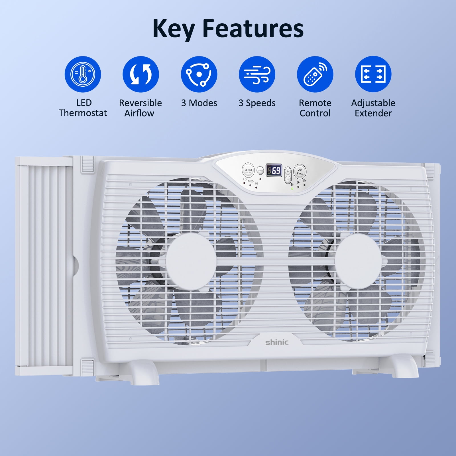 Shinic 9" Twin Window Fan with Thermostat, Reversible Airflow, 3 Speeds, Expandable Width 23.8"-37", ETL Listed