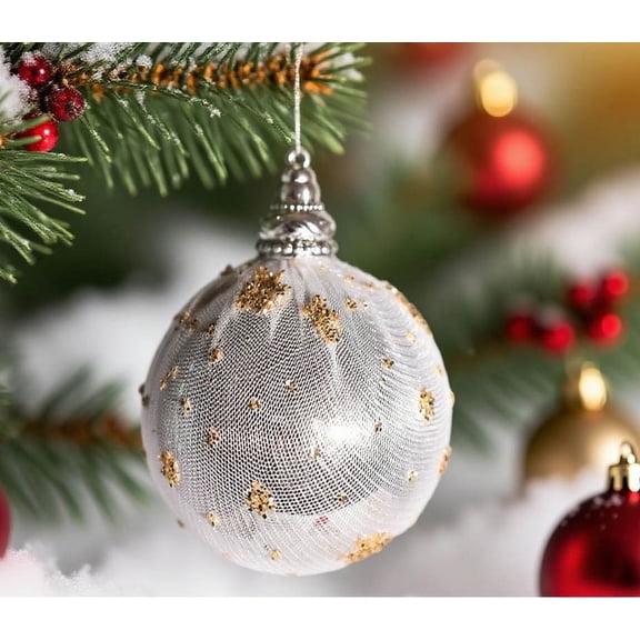 Eolstice Gold Glitter Christmas Netting Ornaments, 6-Piece Painted Set For Tree Decor, Festive Holiday Shiny Decoration, 8cm Each