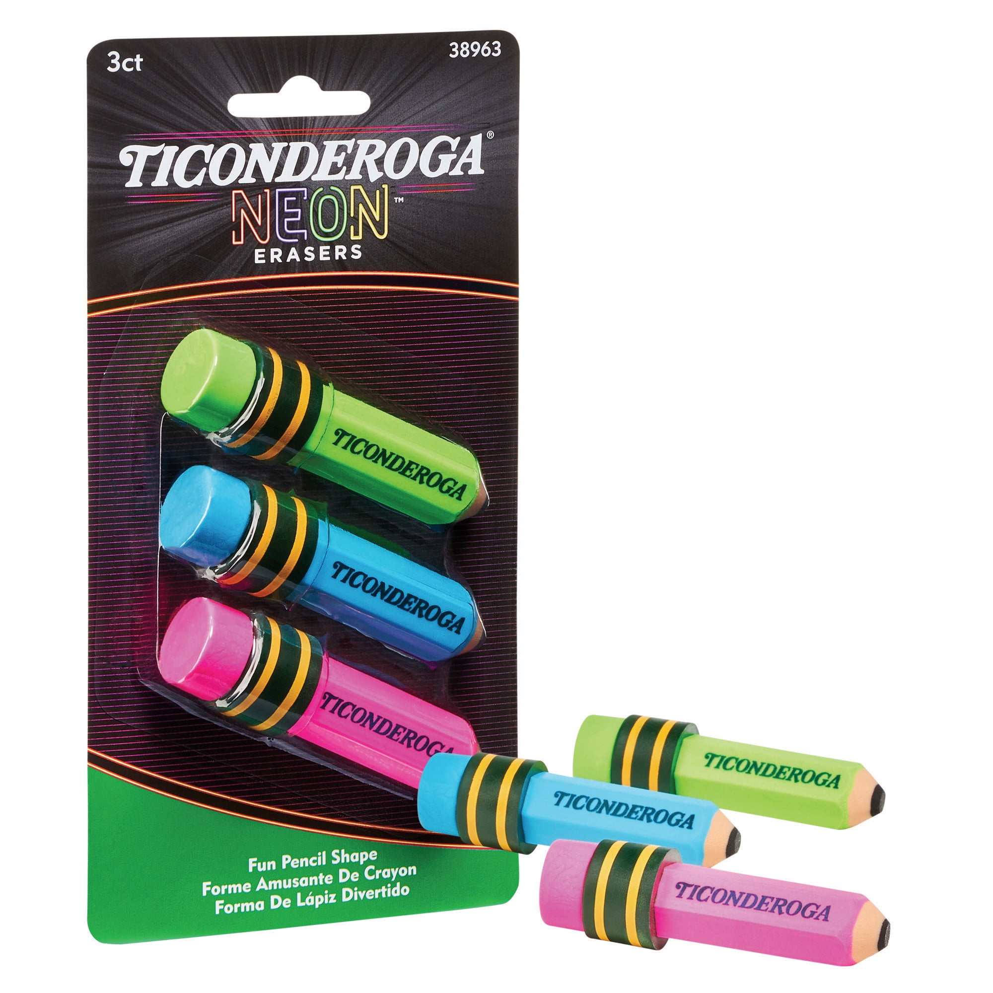 Ticonderoga Pencil Shaped Neon Erasers, 3 Per Pack, 6 Packs