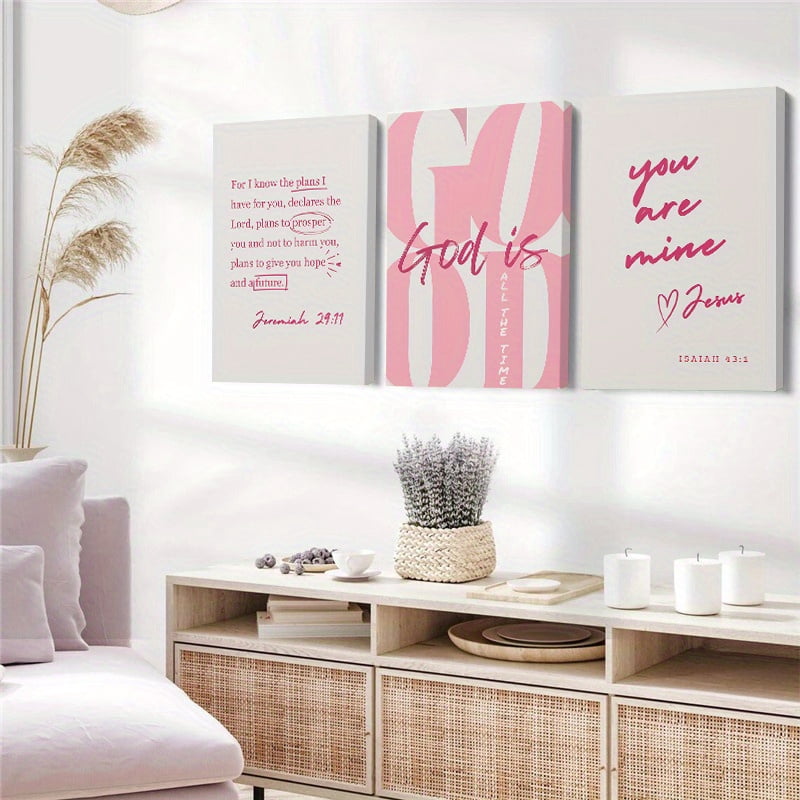 3pcs Trendy Pink Girly Christian God Is Good All The Time Wooden Framed Canvas Painting, Wall Art, Living Room Decoration Bedroom Home Decor, Bedroom Artwork, Modern Wall Painting, Girly Aesthetic,