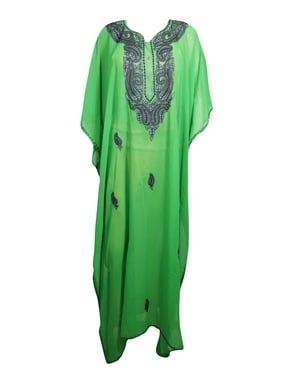 Mogul Womens Green Embellished Georgette Cover Up Sheer Maxi Dress Caftan OneSize