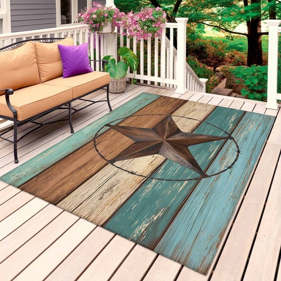 Teal Brown Outdoor Rug for Patio/Deck/Porch, Non-Slip Large Area Rug 5 x 7 Ft, Country Texas Star Farmhouse Barn Door Wood Indoor Outdoor Rugs Washable Area Rugs, Reversible Camping Rug Carpet Runner