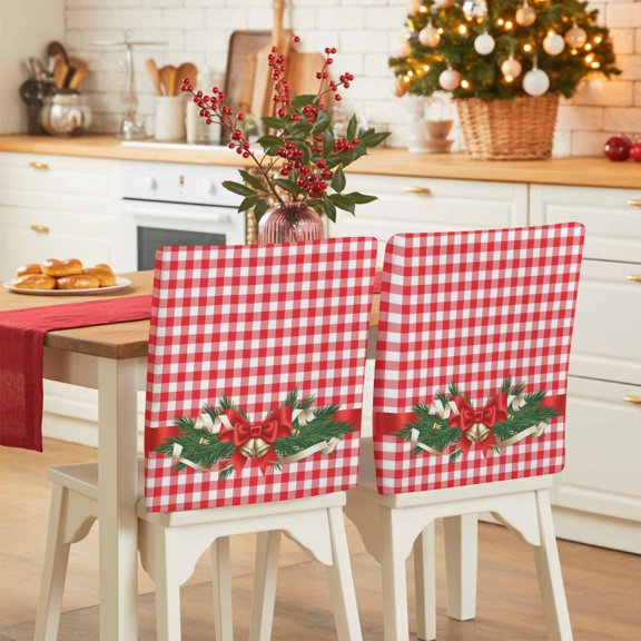Christmas Bow Bell Chair Covers Set of 1 Winter Evergreen Bough Red White Plaid Chair Back Covers Stretch Removable Washable Slipcovers Protector for Dining Room Kitchen Party Decor