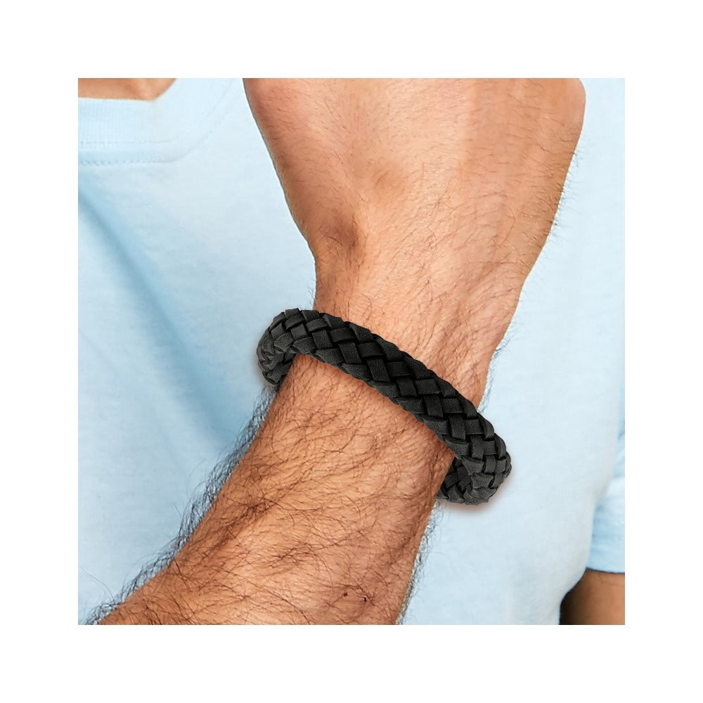 Diamond2Deal Stainless Steel Brushed Black Braided Leather Bracelet for Men 8.25"