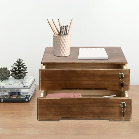 Desk Drawer Organizer 2 Drawers with Lock, Desktop Organizer Wood Desk Organizer with Drawers Desk Drawer Organizer Tabletop Storage Organization Box for Office Home, No Assembly Required (Walnut)