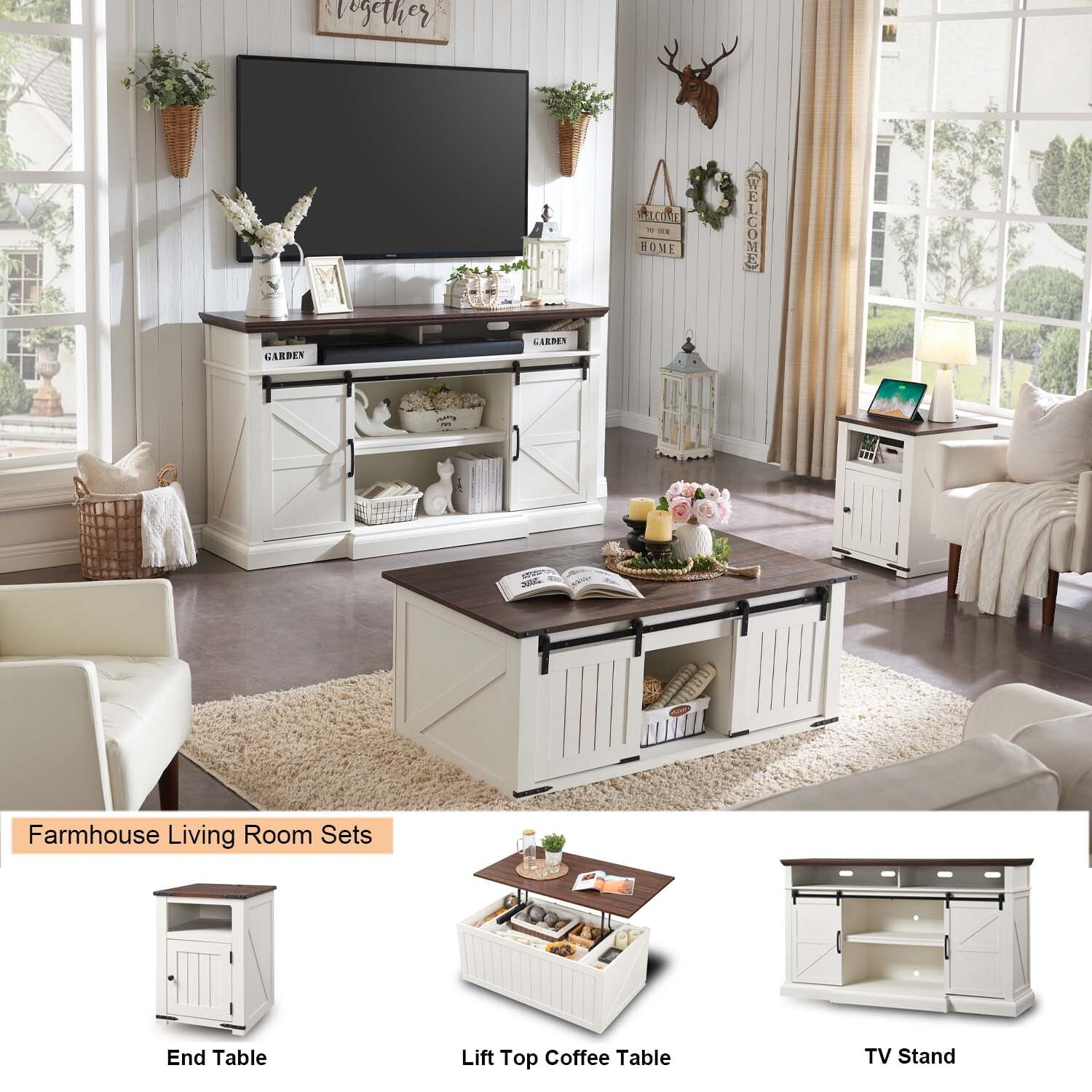 IFGET Farmhouse Nightstand with Charging Station, End Table with Banr Door Storage Cabinet & USB Ports & Power Outlets for Bedroom Living Room