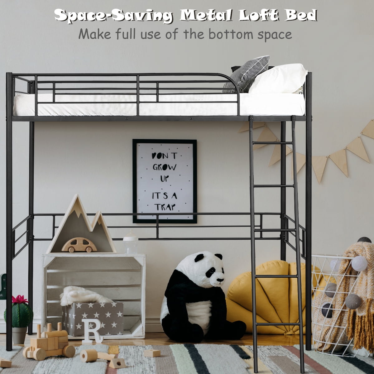 Costway Metal Loft Twin Bed Frame Single Twin Size High Loft Bed W Ladder Guard Rail Walmart Com Walmart Com