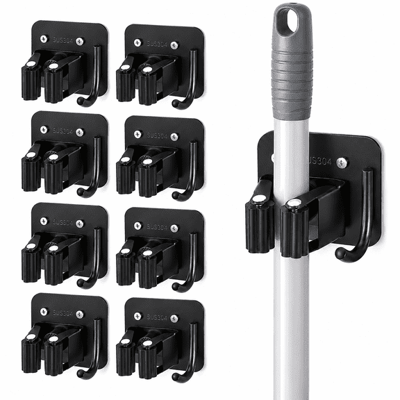 Stainless Steel Broom Holder Wall Mount, Drill-Mounted Mop and Broom Holder with 4 Grippers & 4 Hooks, Heavy Duty Tool Organizer Rack for Garage, Laundry Room, Kitchen, Garden and Shed, Black