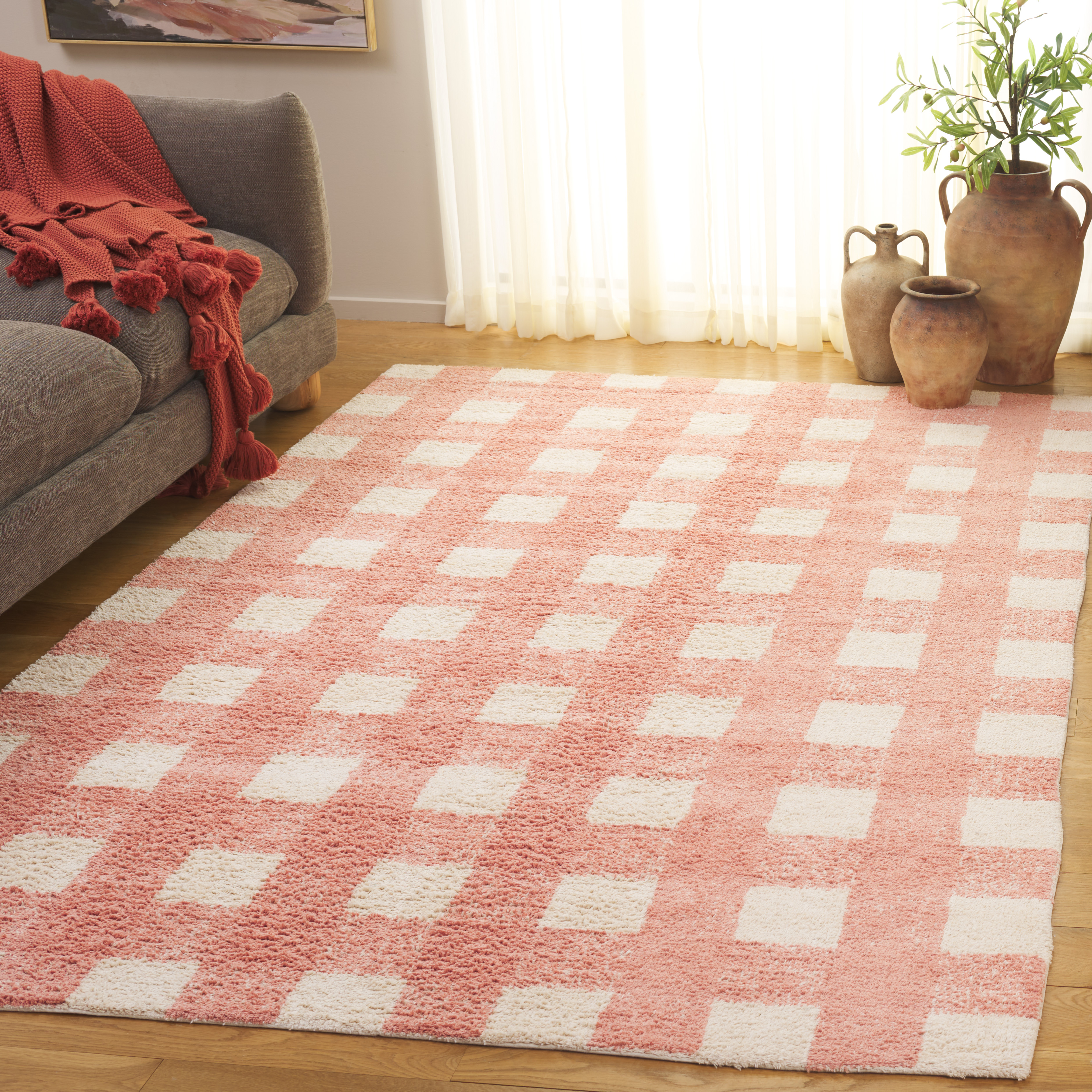 SAFAVIEH Easy Care Maggie Plaid Area Rug, Ivory/Rust, 4' x 6'