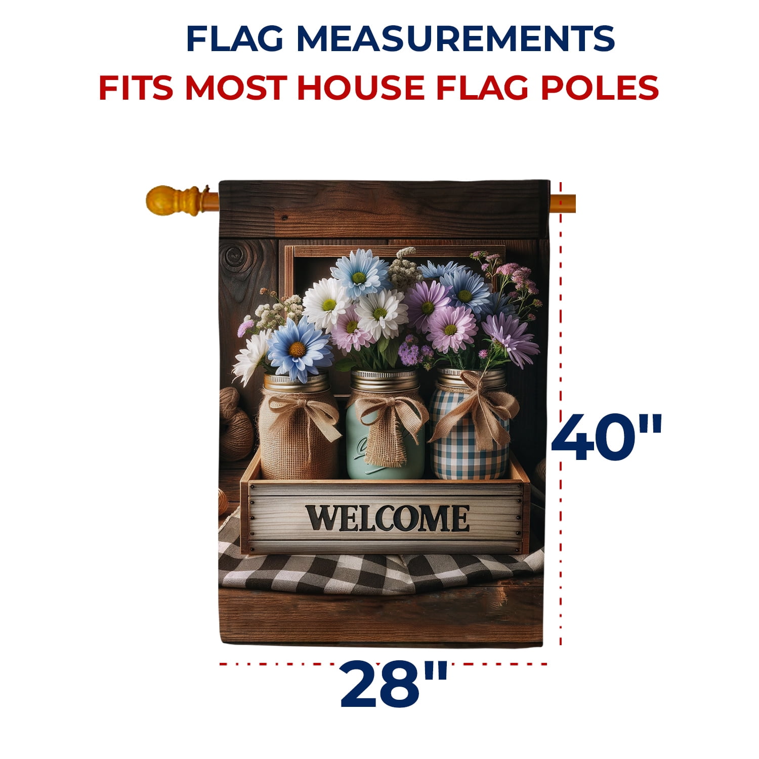 America Forever Welcome Spring Floral Mason Jar House Flag, 28x40 inch Double Sided, Daisy Flower Spring Yard Decoration, Seasonal Holiday Decorations for Outside