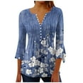 thumbnail image 3 of lcziwo Shirts for Women Casual Button Pleated Belted Horn 3/4 Sleeve Blouses Vintage Floral Print Henley Shirt 2025 Summer Vacation Tops Blue S, 3 of 6