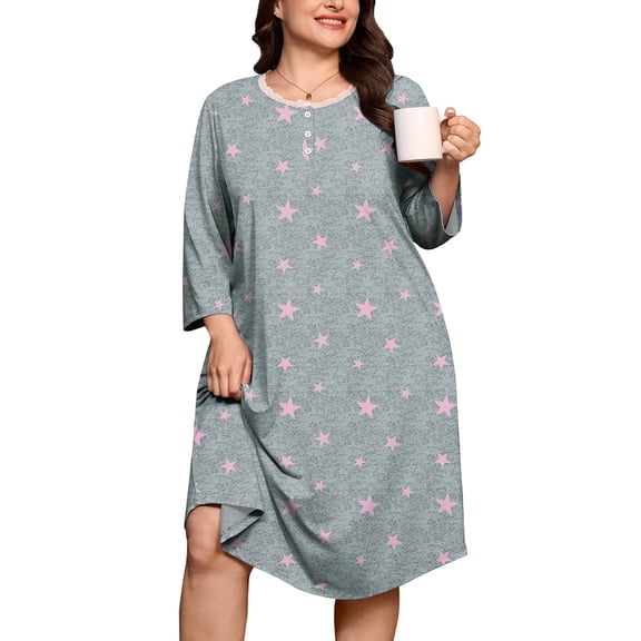 SHOWMALL Women's Plus Size Nightgowns 3/4 Sleeve Sleepwear Button Down Sleep Dress with Pockets XL-5XL
