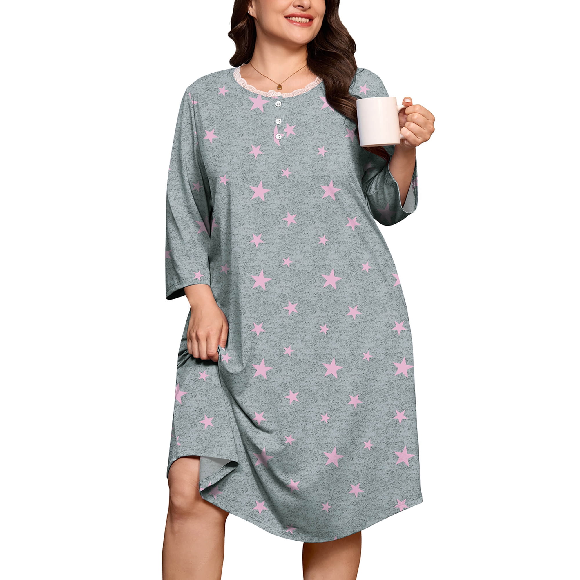 SHOWMALL Women's Plus Size Nightgowns 3/4 Sleeve Sleepwear Button Down Sleep Dress with Pockets XL-5XL