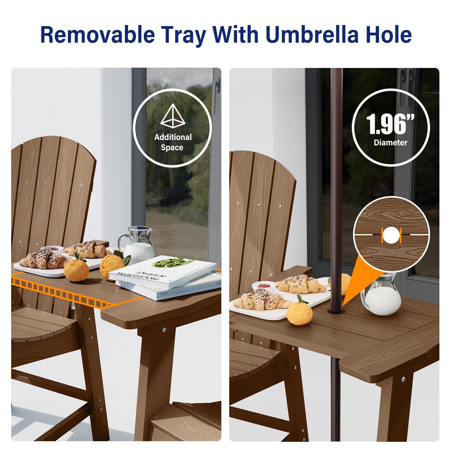 WINSOON Tall Adirondack Chair Set of 2 with Connecting Tray,Outdoor Bar Stools-Brown