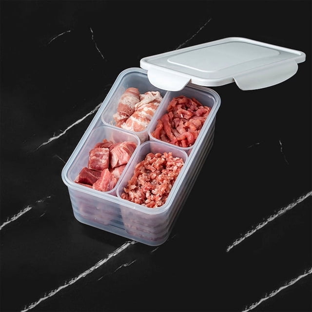 Four Compartment Refrigerator Storage Box Divided Veggie Tray With Lid Stackable Vegetable Storage Meat Fresh-Keeping Box