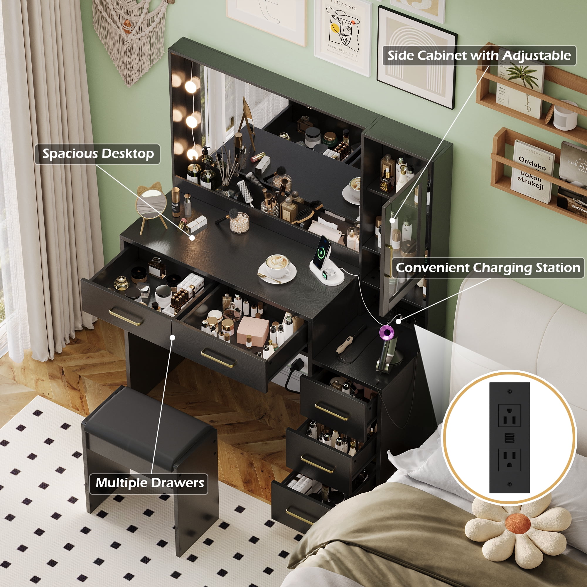 UGTOO 35.4" Black Makeup Vanity Desk with LED Mirror & Charging Station - Farmhouse Dressing Table, 5 Drawers, Wood Dresser for Bedroom/Apartment