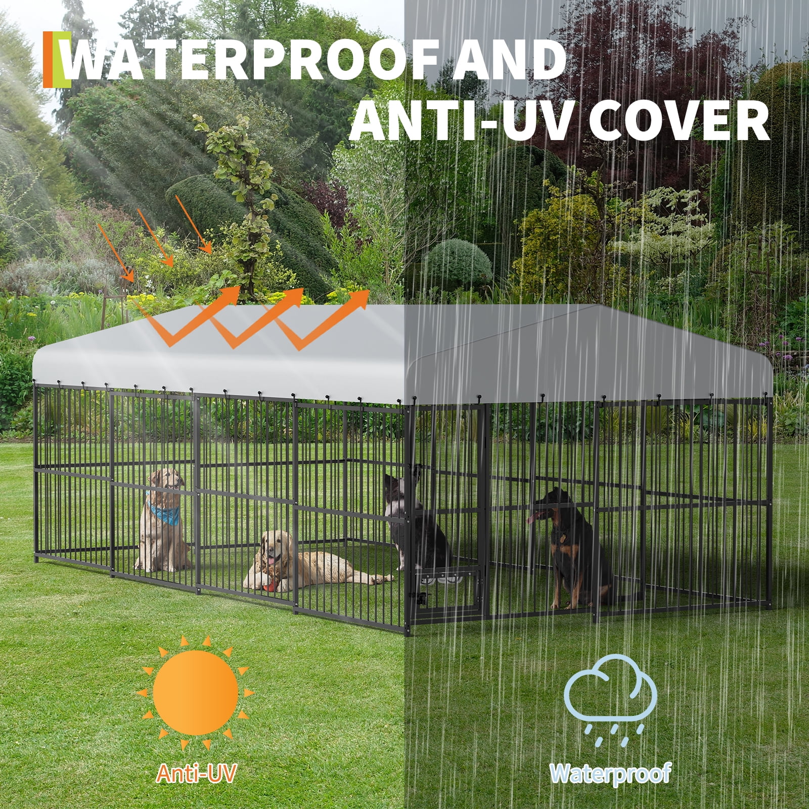 Danolapsi Large Dog Enclosures, Outdoor Dog Kennel with Waterproof Cover, Large Dog Kennel Outdoor with Feeding Doors, Large Dog House for Yard Garden Backyard（10×15×6FT）Outdoor Walk-in Dog Cage