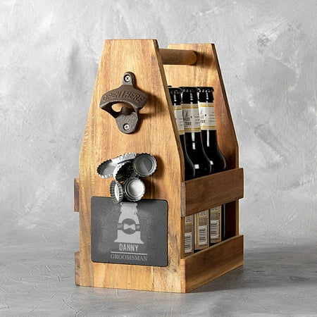 Personalized Wedding Acacia Slate Beer Bottle Caddy Carrier