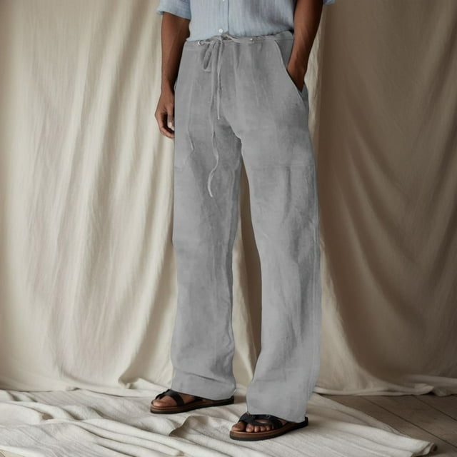 Men's Casual Pants - Mid Rise Solid Full-Length Everyday Trousers with Drawstring and Pockets for Comfort