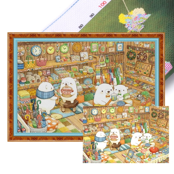 Bordado Completo de Algodón 11CT Impreso Wdftyju Oso Familia 75x50cm Blanco