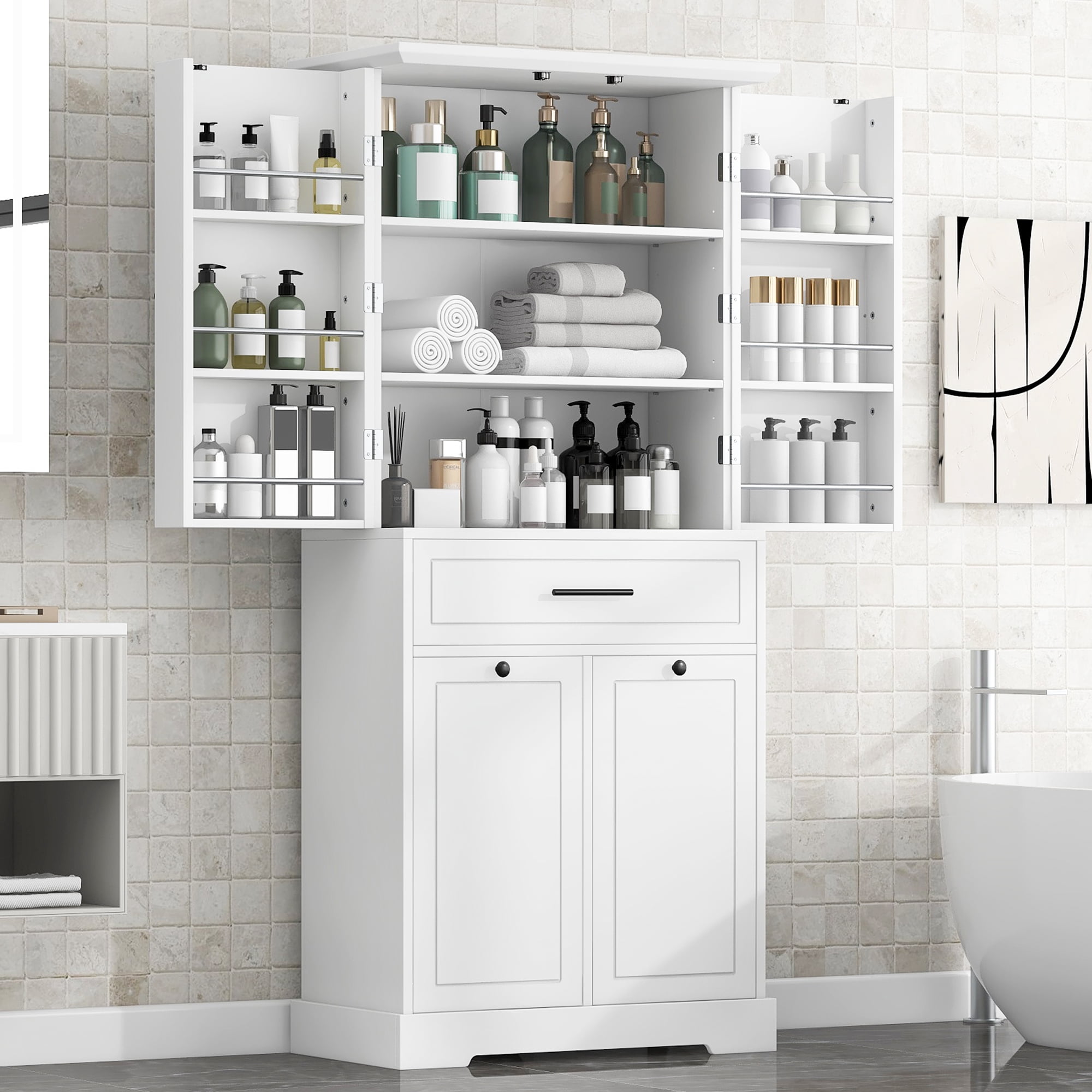 Euroco Freestanding Bathroom Storage Cabinet with Doors & Drawers, Tilt-Out Laundry Hamper, Adjustable Shelf, Multiple Storage Spaces, White