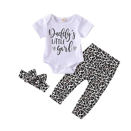 

VerPetridure White Toddler Girls Jumpsuit Infant Baby Girls Letter Leopard Print Romper Pants Hairband Outfits Set
