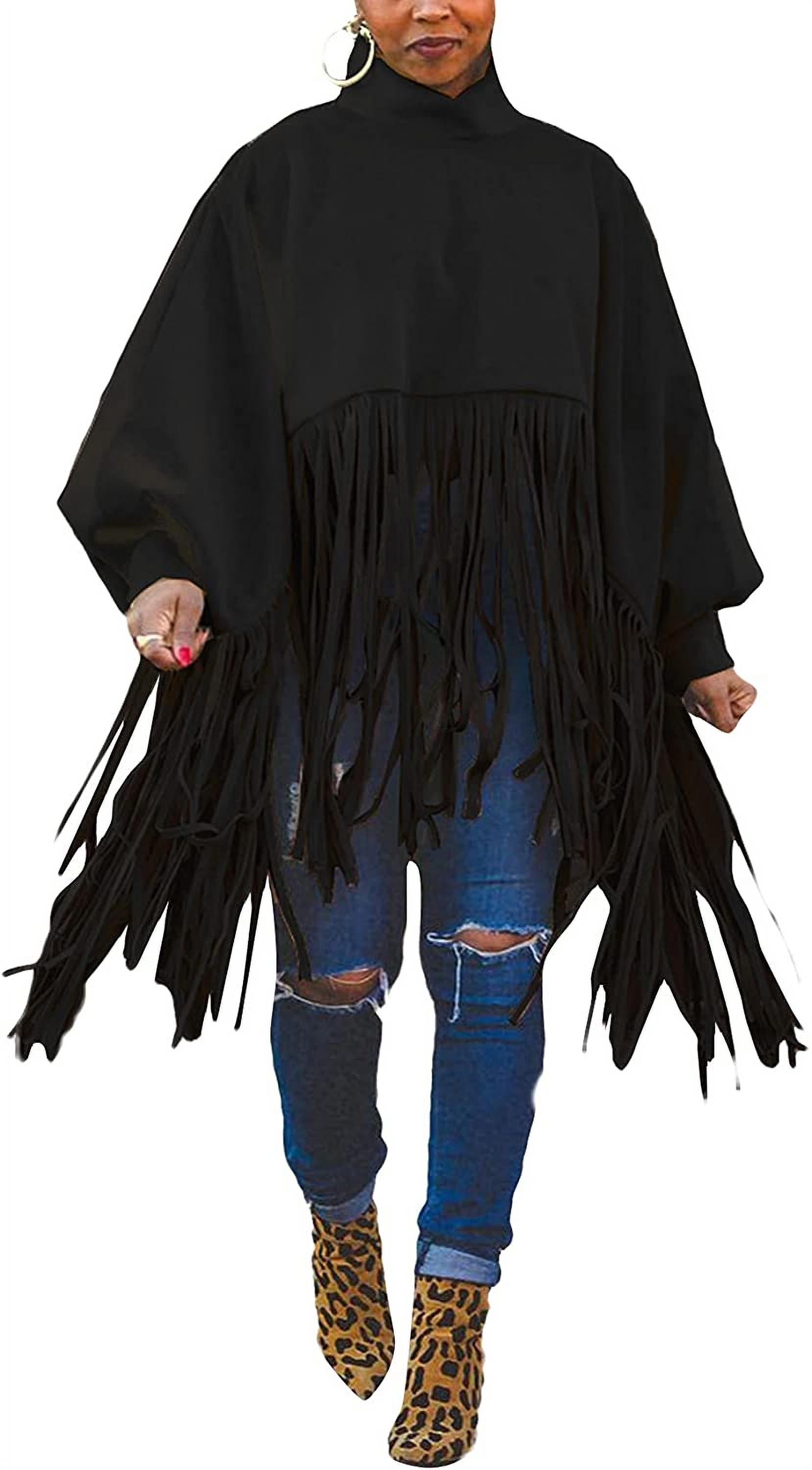 Womens High Neck Sleeve Fringe Top Plus Pullover Poncho Coat - Walmart.com