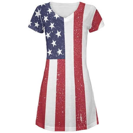 4th of July American Flag Distressed Juniors V-Neck Beach Cover-Up Dress
