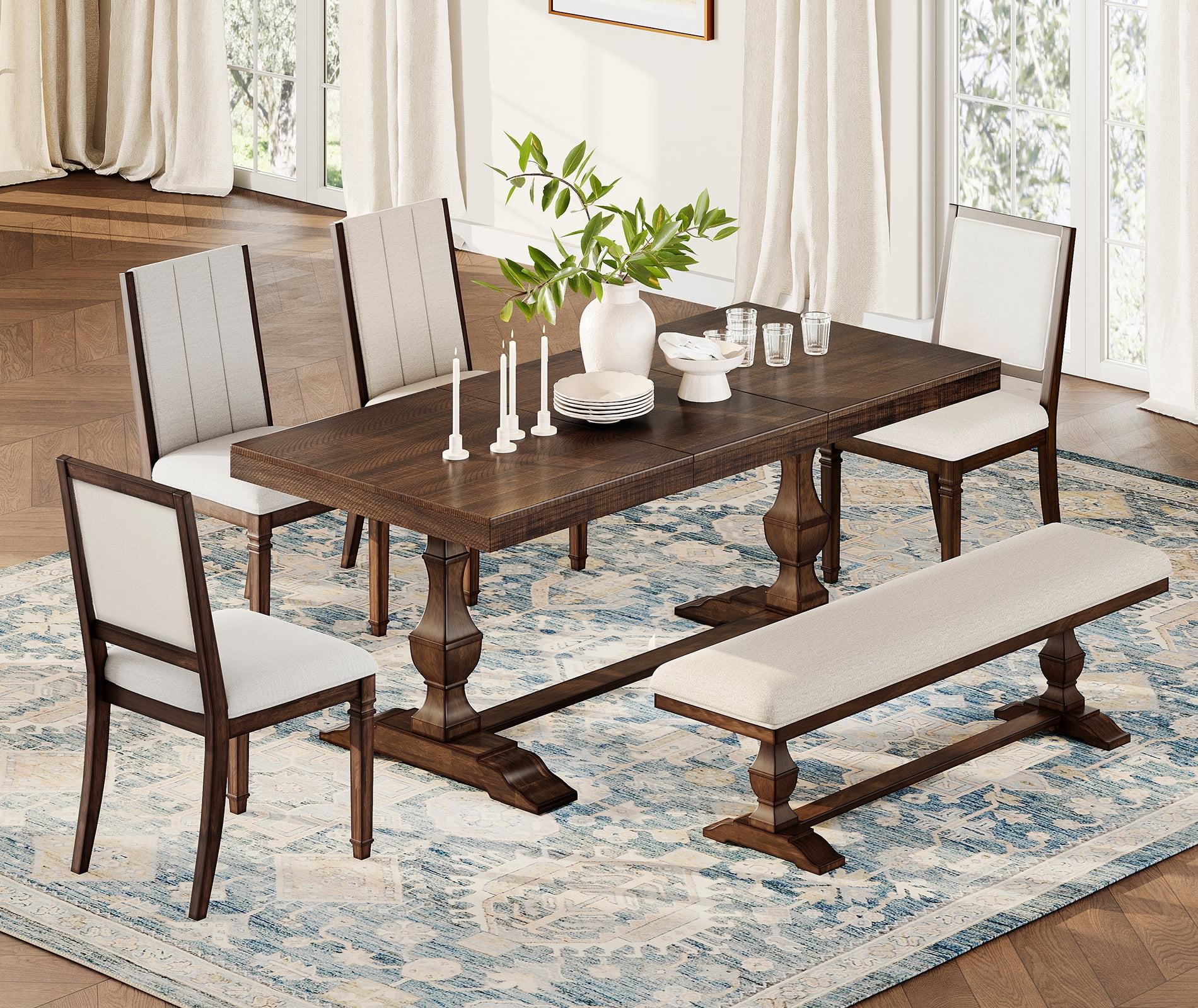 WAMPAT 6-pieces Farmhouse Dinning Table,74.8" Kitchen Table Set with 4 Chairs and Bench for 6-8, Solid Wood Legs and Cushion Seat for Kitchen & Living Room,Espresso Brown