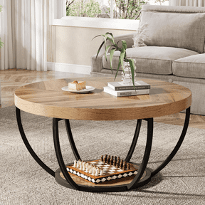 Fnova Coffee Table with 2 - Tier Storage, 32" Round Wood Coffee Table with Metal Legs, Modern Rustic Style Center Table for Living Room, Warm Brown and Black