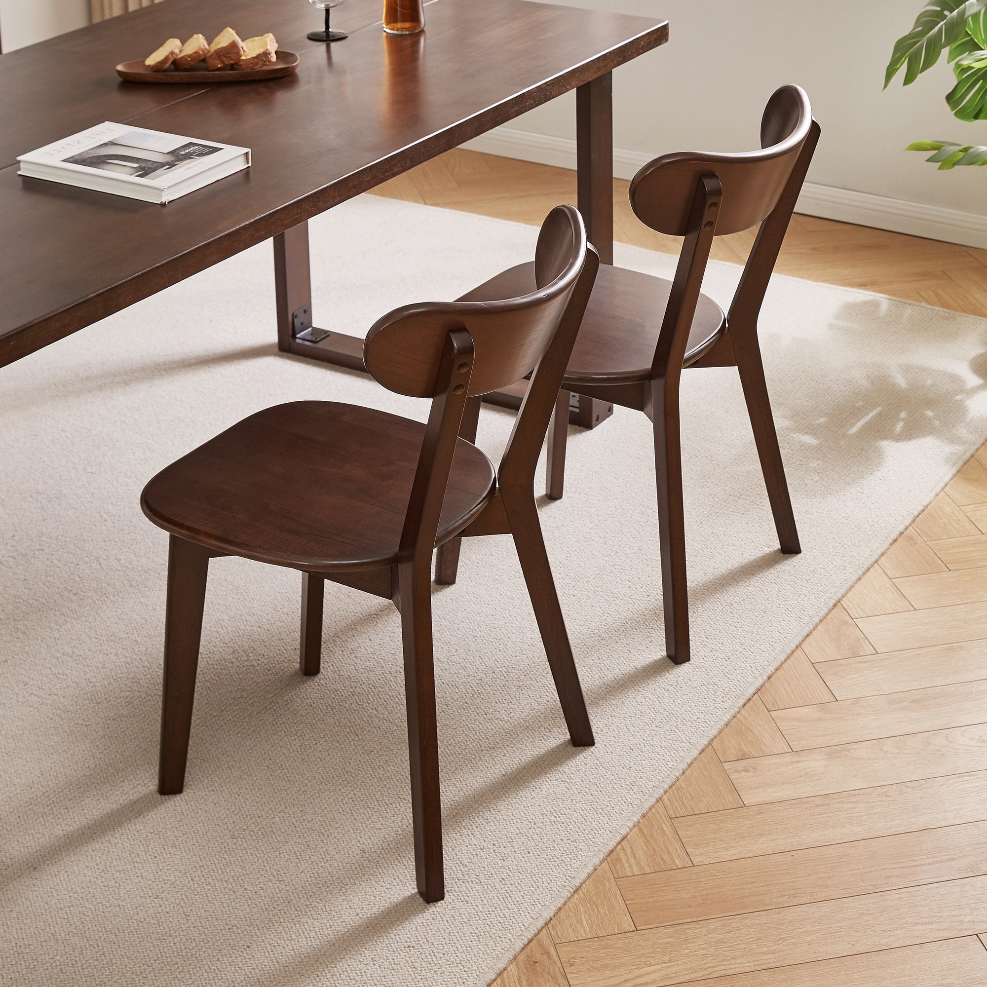 Dining Chairs Set of 2, Solid Rubberwood Kitchen Chairs with Curved Backrest, Wooden Accent Chairs for Vanity and Breakfast Nook, Dark Walnut