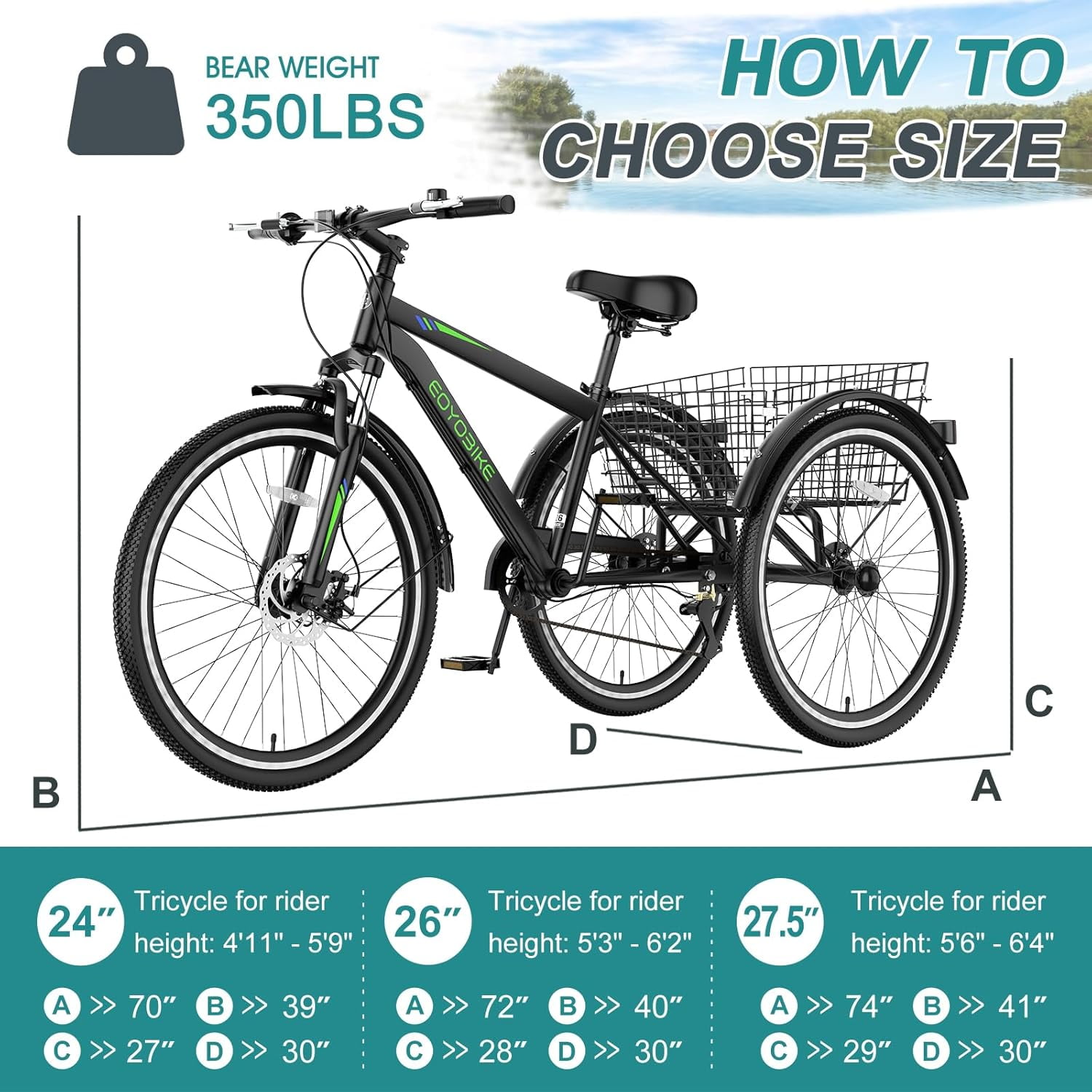 Lilypelle Mountain Tricycle for Adults, MTB 7 Speed Three Wheel Bike, 24/26/27.5 Inch Adults Trikes w/ Disc Brake & Cargo Basket for Women, Men, Seniors
