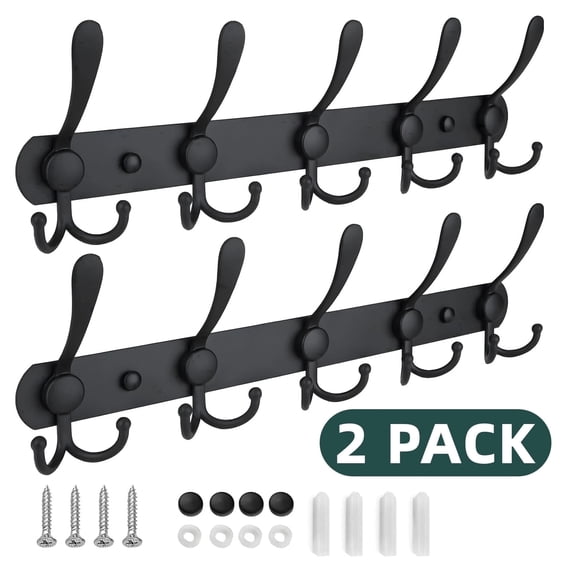 2 Packs Coat Rack Wall Mounted, Hat Rack for Wall 16" Heavy Duty Wall Coat Hooks Wall Coat Rack with 5 Triple Hooks