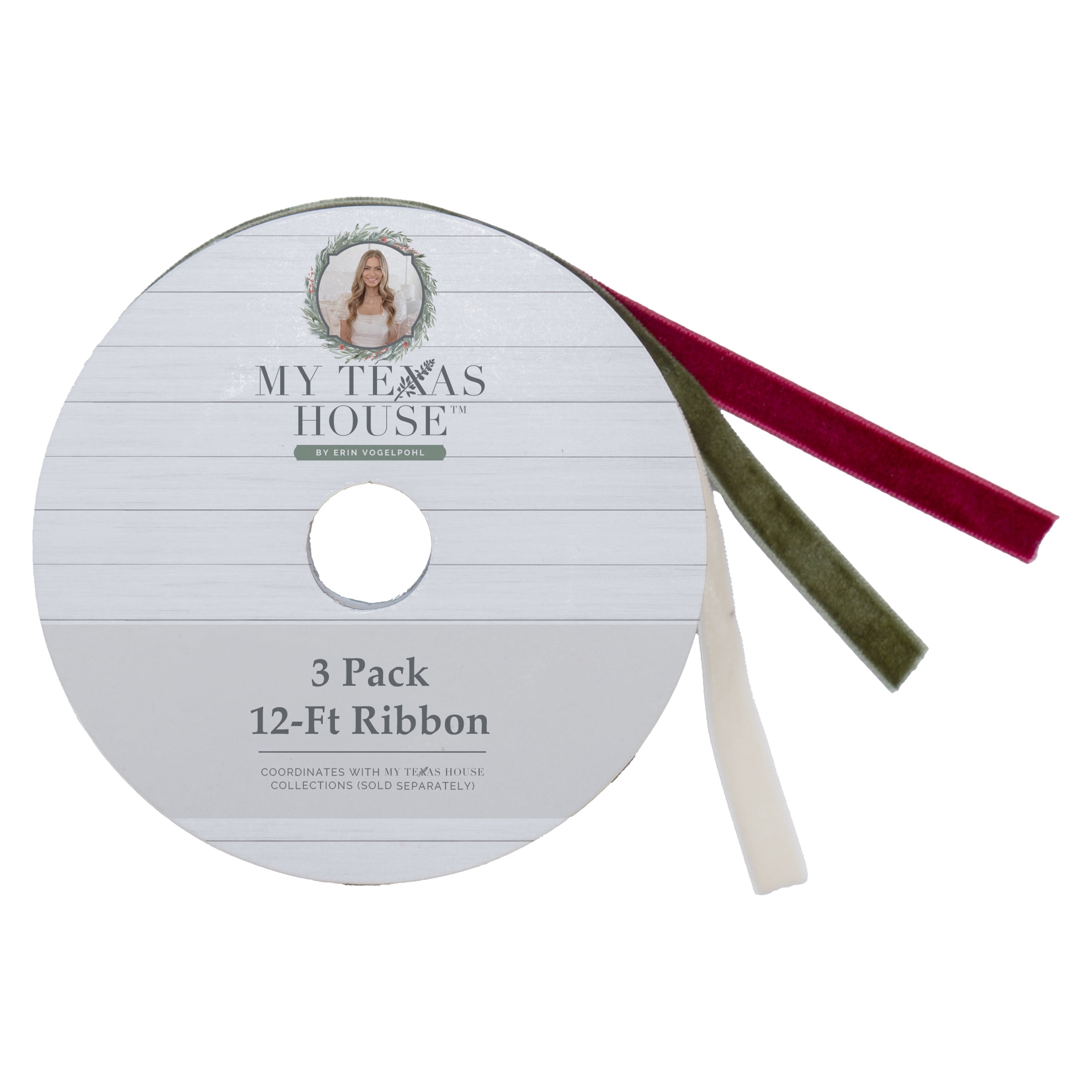 My Texas House Green/Ivory/Burgundy Velvet Christmas Ribbon, 12', 3 Pack