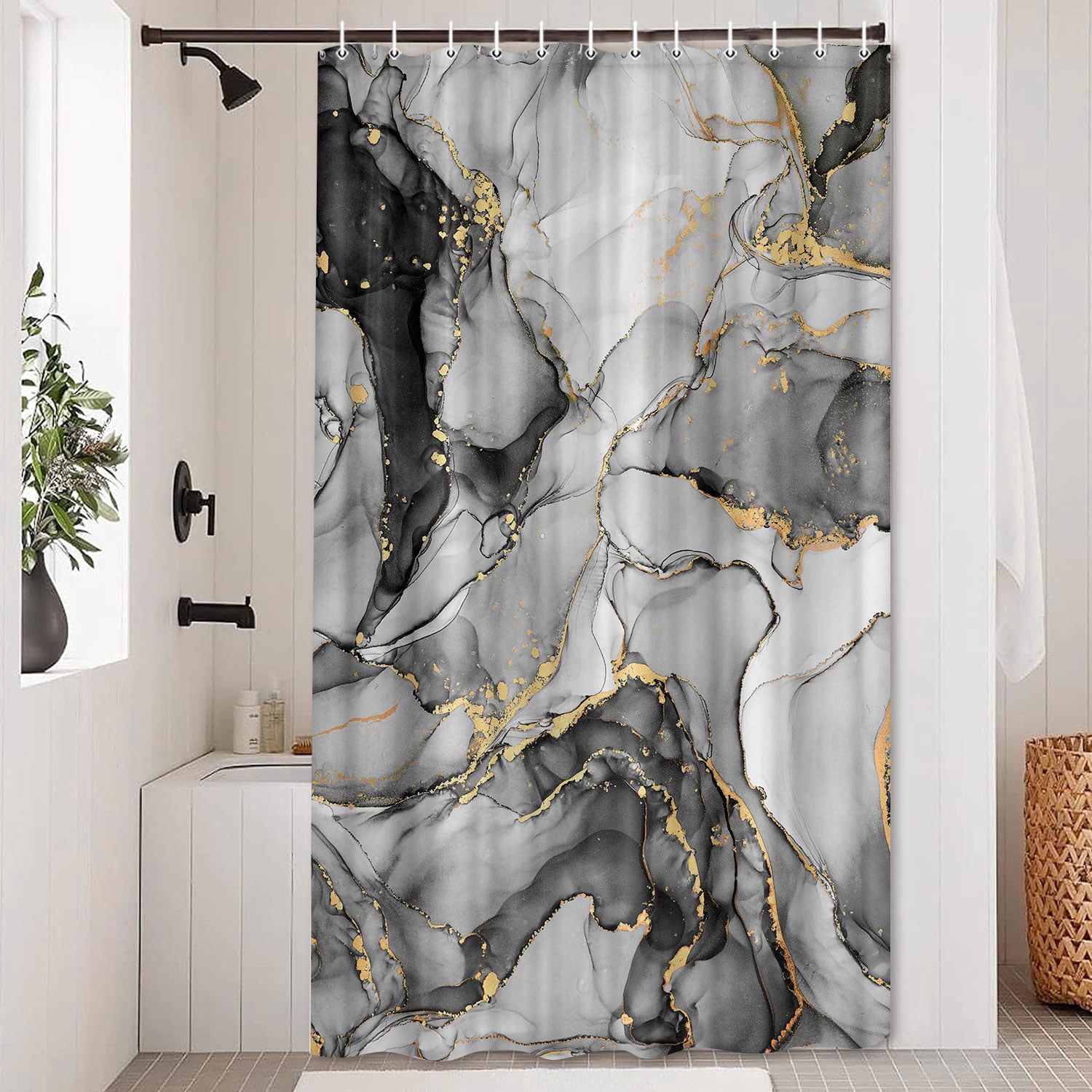 Gray Marble Bathroom Shower Curtain Set with Hooks 72X84in