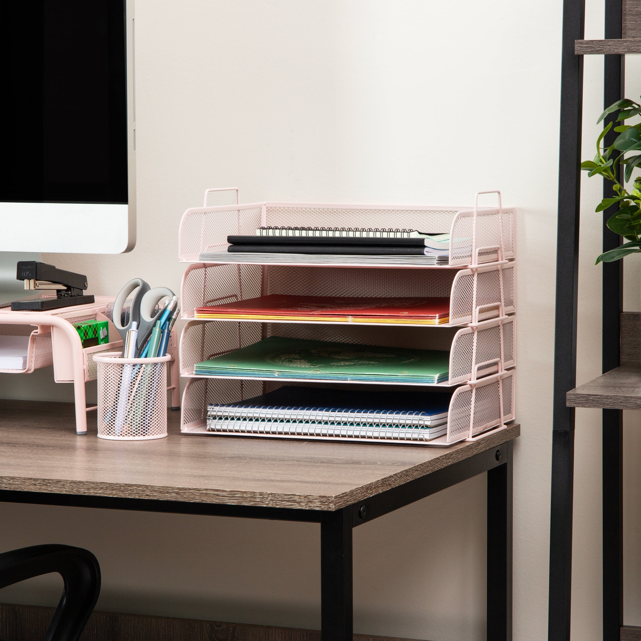 Mind Reader Stackable Paper Tray, Desktop Organizer, File Storage, Office, Metal, 4 Pcs., Pink