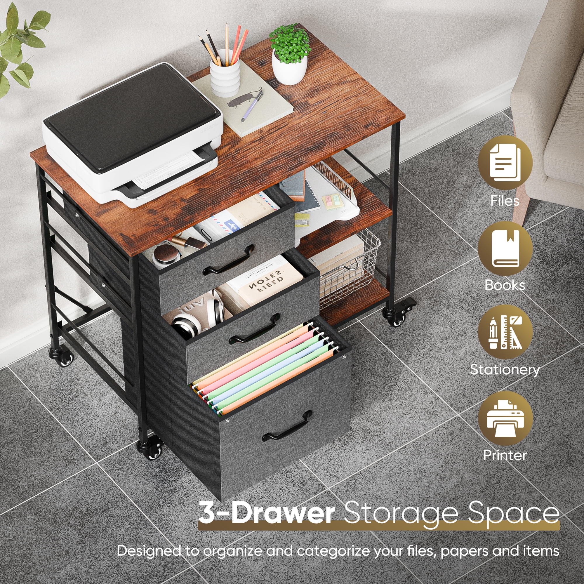 HomGarden Mobile File Cabinet, 3 Drawer Fabric Lateral Filing Cabinet fits A4, Letter Size, Printer W/Open Shelf & Lockable Wheels for Home Office, Rustic Brown