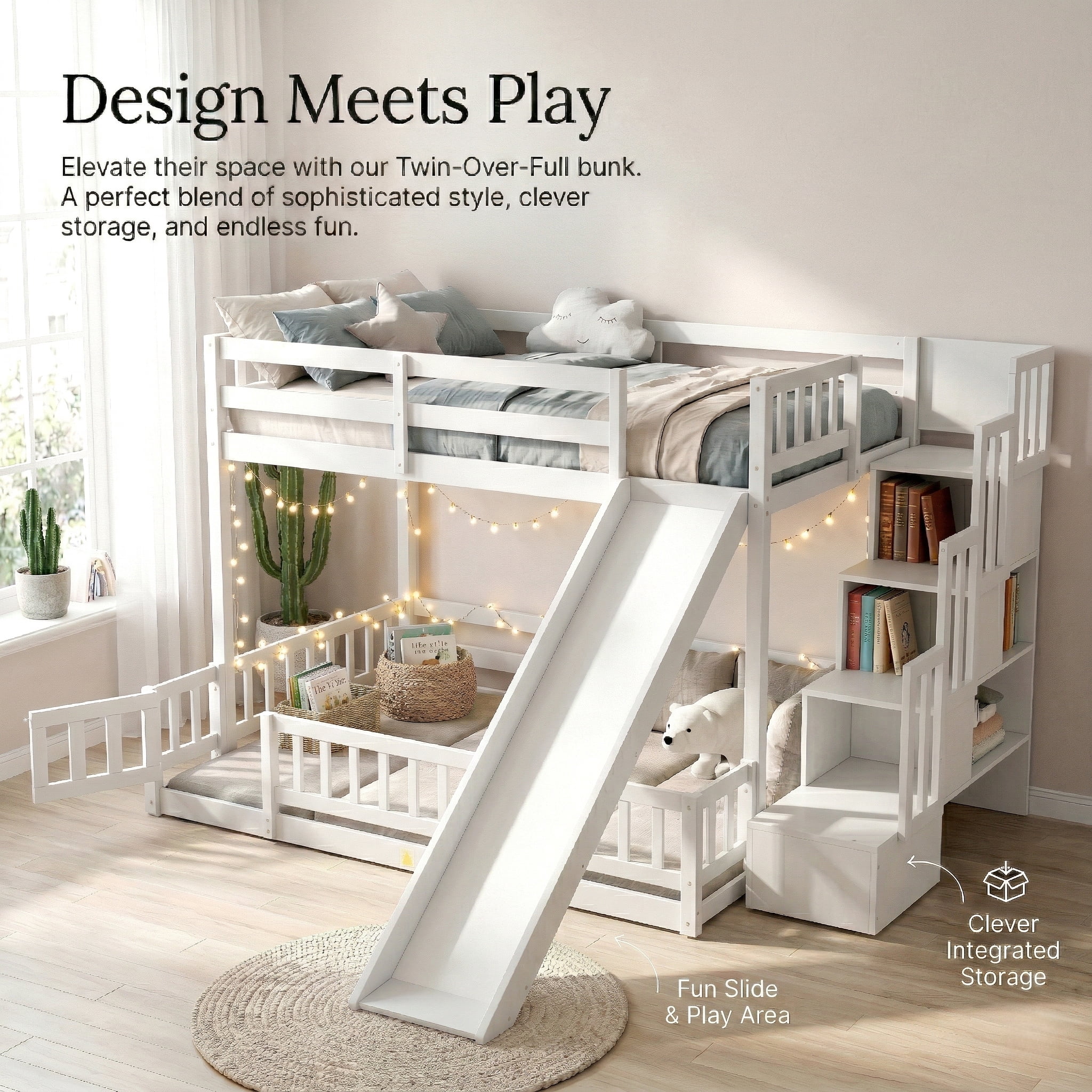 Mintazer Twin Over Full Bunk Bed with Slide & Storage Staircase, Kids Floor Bunk Bed with Guardrails, White