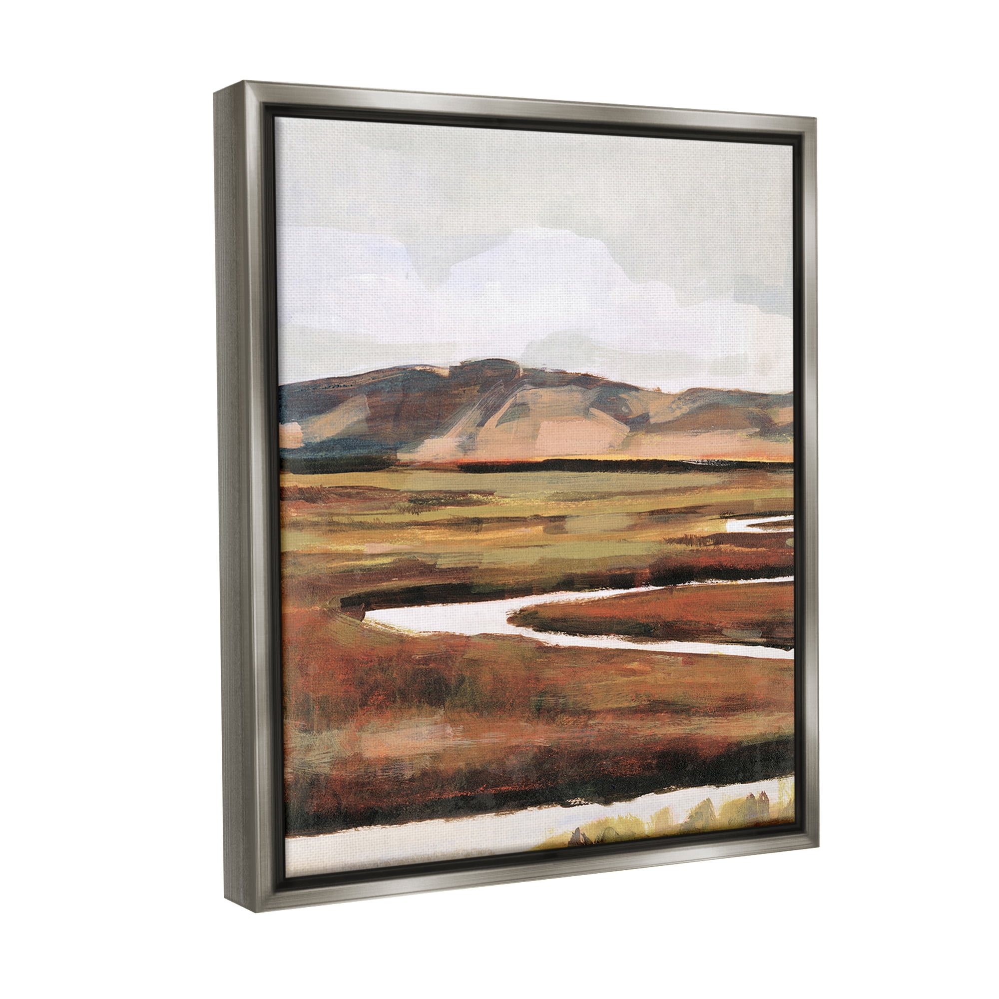 Stupell Industries Winding River Landscape Landscape Painting Gray Floater Framed Canvas Art Print Wall Art, 17 x 21