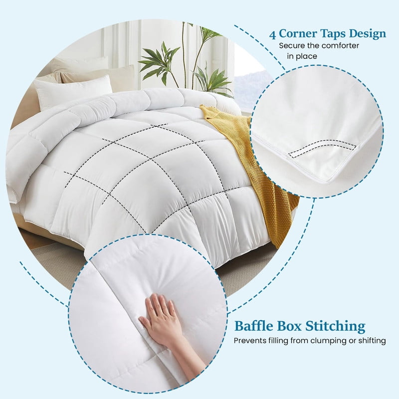 100% Cotton All-Season Comforter - Box Stitched Comforter - Bedding with Corner Tabs Machine Washable Lightweight Color White Solid Pattern Size King (104"x90")