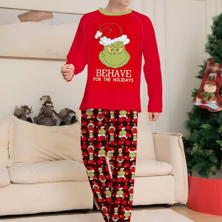 Merry Grinch Mas CHMORA Family Christmas Pajamas Grinch Printed Sizes for Adult Kids Baby 2 Piece Top and Pants Bodysuits Pajamas Set Men 4XL