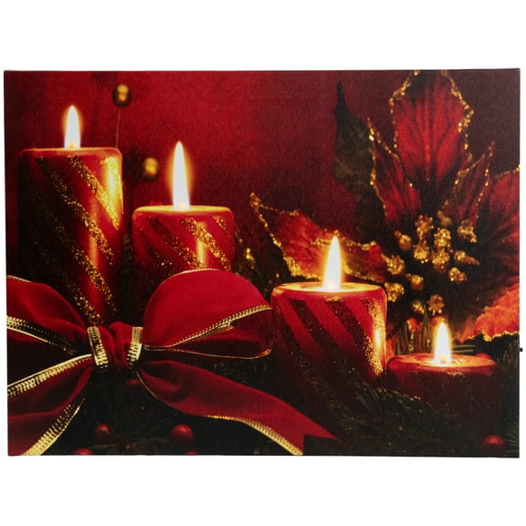 Northlight LED Lighted Glitter Striped Candles with Poinsettia Christmas Wall Art - 12" x 15.75"